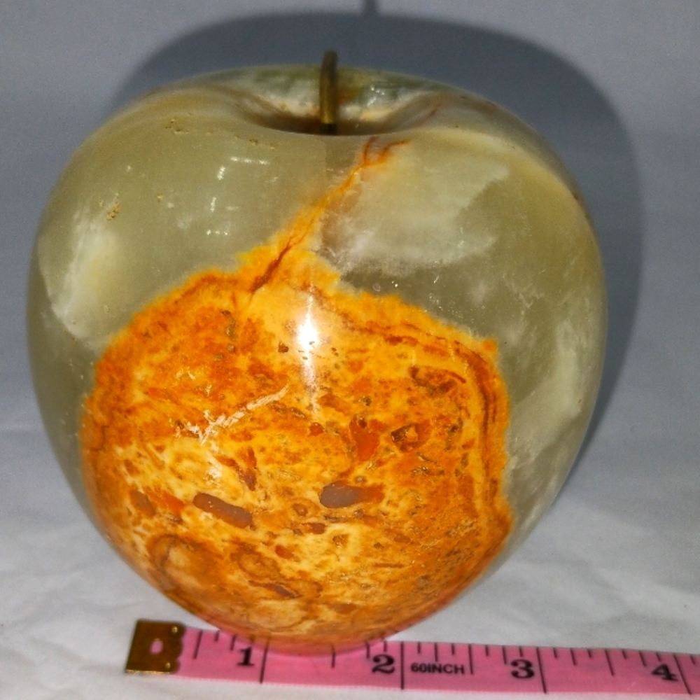 Marble Green Onyx APPLE Paperweight Polished Natural Stone Brass Stem  4½"